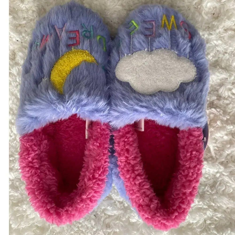 Wondernation Girls Purple Pink Fuzzy Warm Sweet Dream Slippers NEW Size 11-12